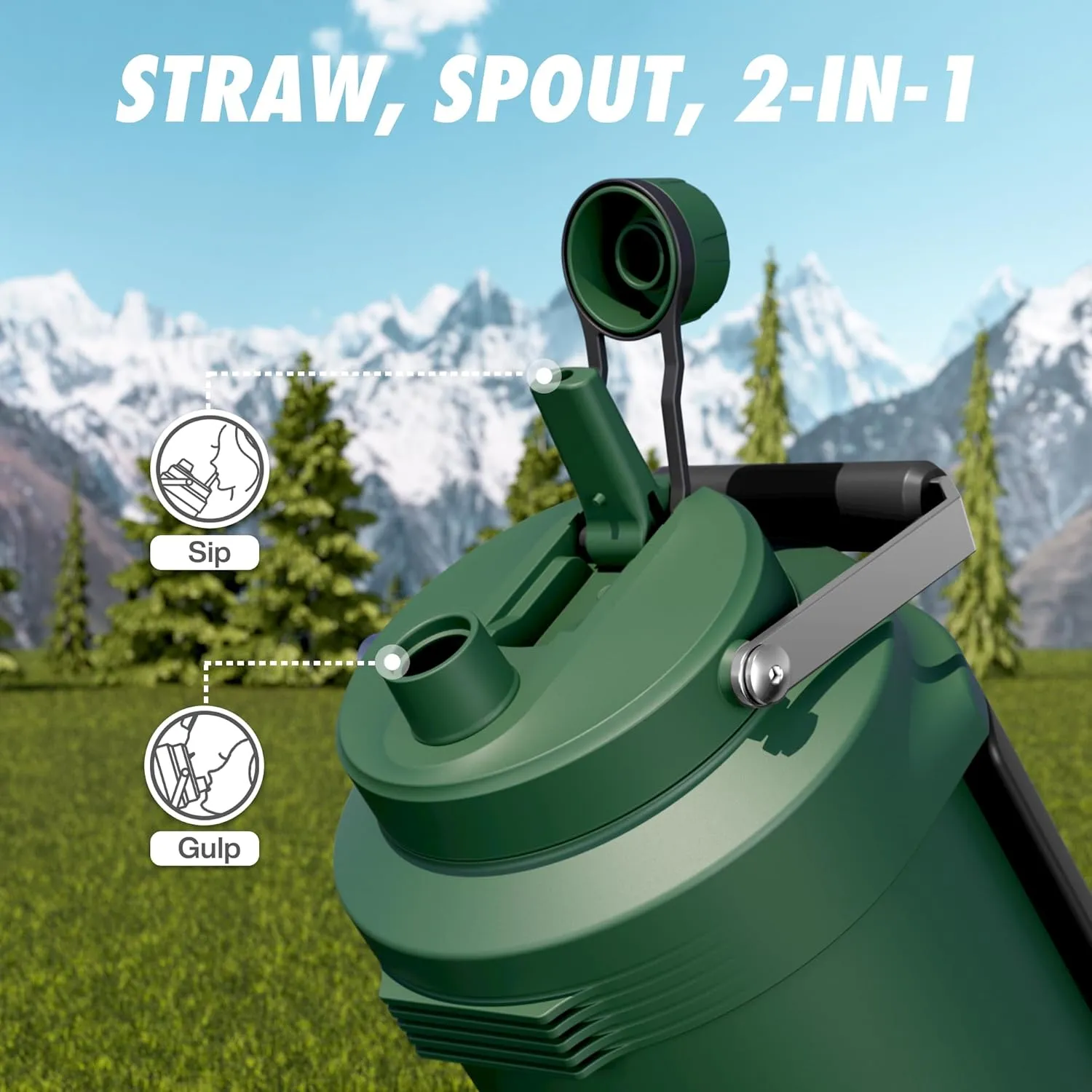 1 Gallon Insulated Water Bottle for Sports: 2-in-1 Straw Spout Lid, Dual Handle, Leakproof, Keep Cold 48H, 128oz Stainless Steel Water Jug for Outdoors, Hiking, Cycling, Camping, Fishing (Forest)