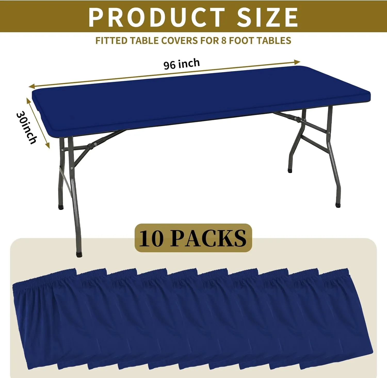 10 Pack Stretch Fabric Table Top Cap Cover, fits 8' Tables, Spandex Table Covers Washable Elastic Rectangle Tablecloth Protector for Indoor Outdoor Party Picnic Wedding, Navy Blue, 30" W x 96" L