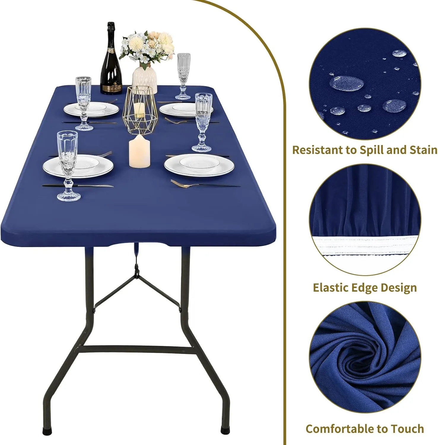 10 Pack Stretch Fabric Table Top Cap Cover, fits 8' Tables, Spandex Table Covers Washable Elastic Rectangle Tablecloth Protector for Indoor Outdoor Party Picnic Wedding, Navy Blue, 30" W x 96" L