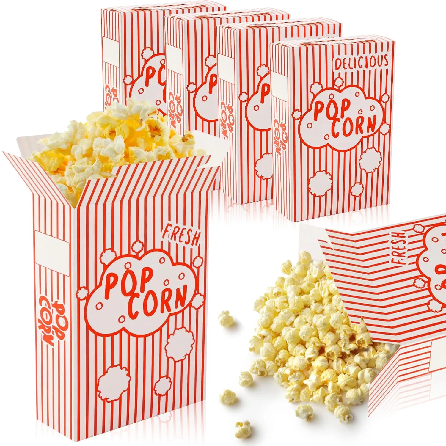 100 Packs Popcorn Boxes Containers 1.25 Oz Paper Popcorn Buckets Red and White Striped Close-Top Cardboard Pop Corn Bowls Individual Servings Bags for Party Movie Night