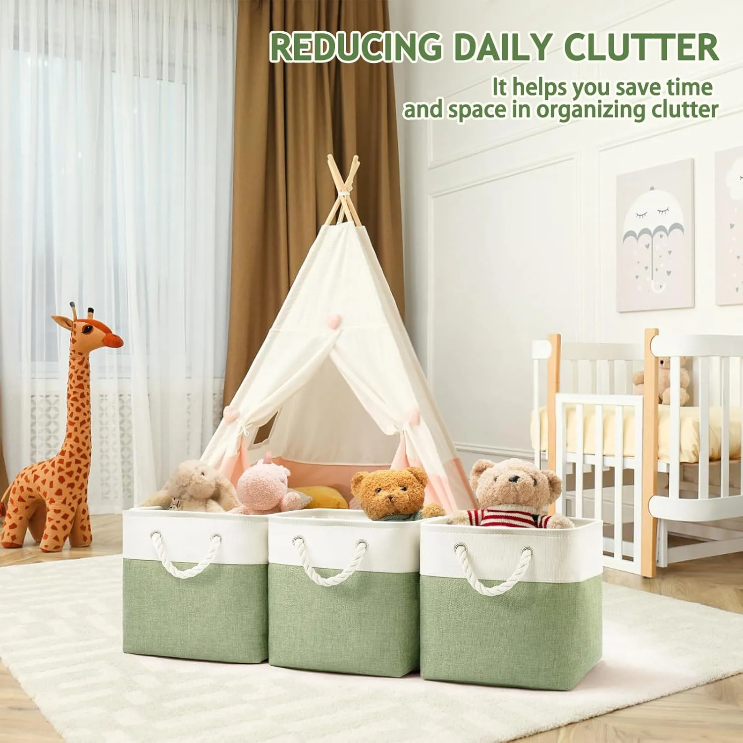 11x11 Cube Storage Bins, 6 Pack Foldable Fabric Organizer Bins with Rope Handles, Storage Cubes for Organizing Bedroom, Living Room, Clothes and Toys, Shelves and Closet (White & Green)