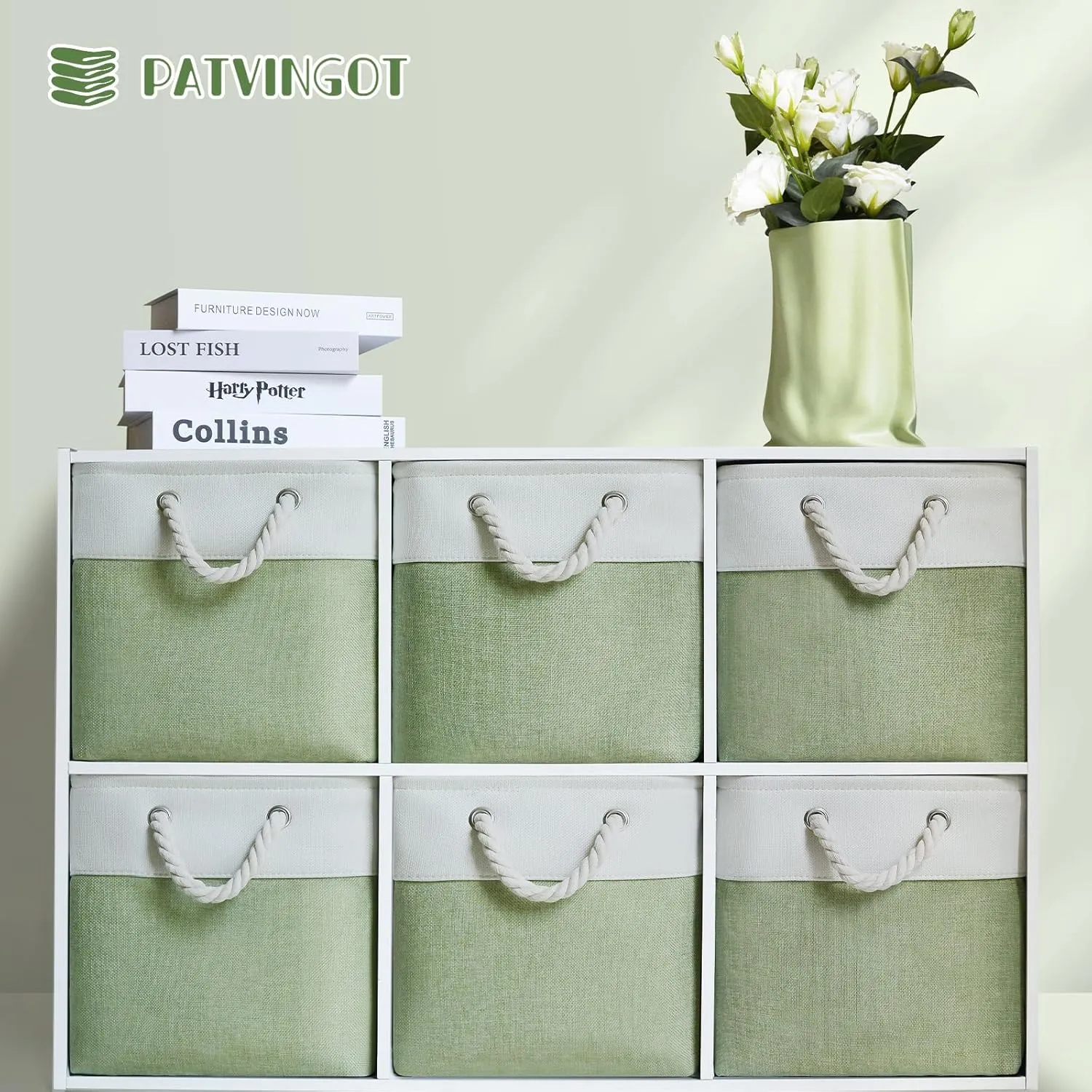11x11 Cube Storage Bins, 6 Pack Foldable Fabric Organizer Bins with Rope Handles, Storage Cubes for Organizing Bedroom, Living Room, Clothes and Toys, Shelves and Closet (White & Green)