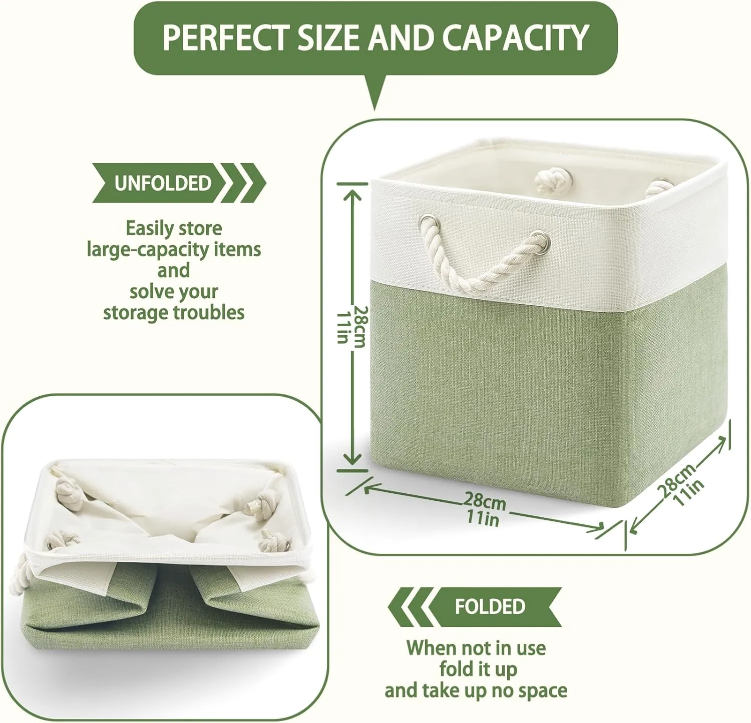 11x11 Cube Storage Bins, 6 Pack Foldable Fabric Organizer Bins with Rope Handles, Storage Cubes for Organizing Bedroom, Living Room, Clothes and Toys, Shelves and Closet (White & Green)