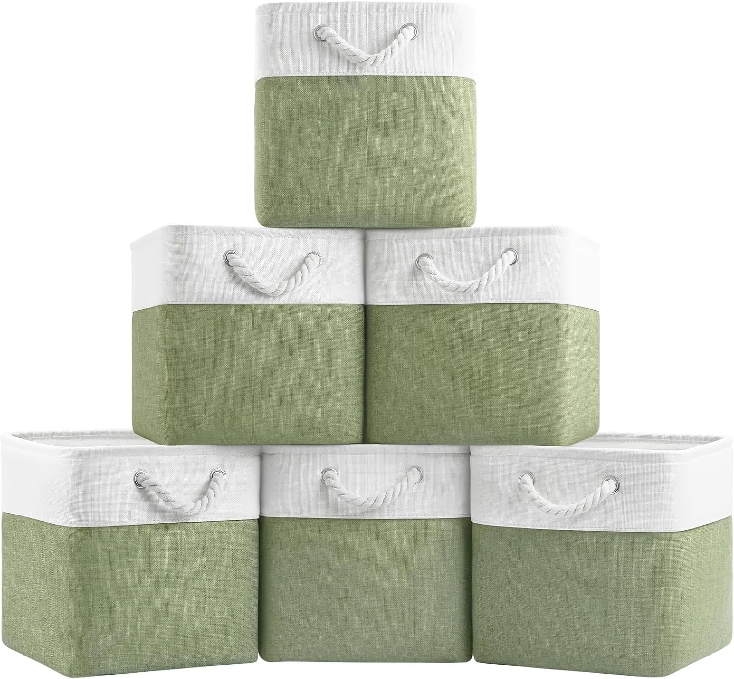 11x11 Cube Storage Bins, 6 Pack Foldable Fabric Organizer Bins with Rope Handles, Storage Cubes for Organizing Bedroom, Living Room, Clothes and Toys, Shelves and Closet (White & Green)