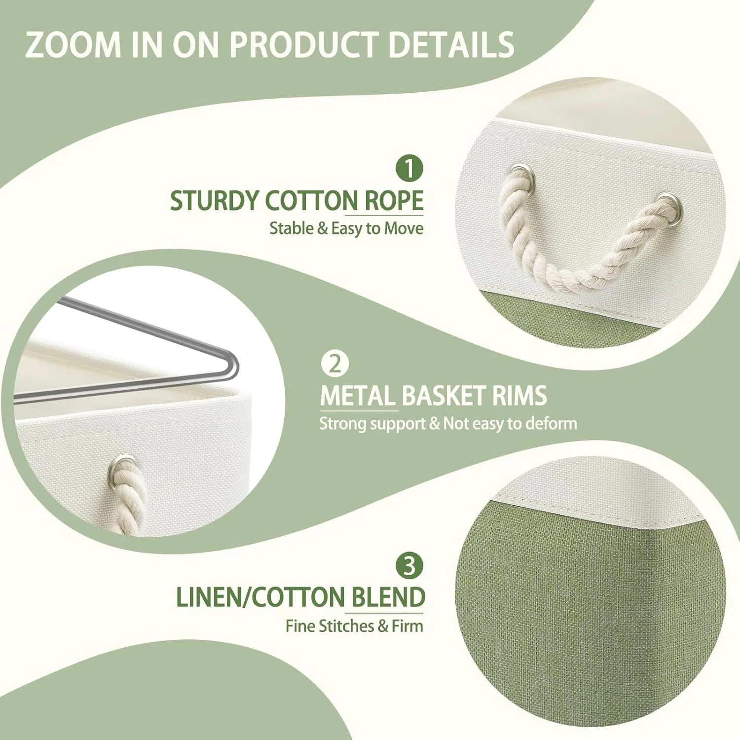 11x11 Cube Storage Bins, 6 Pack Foldable Fabric Organizer Bins with Rope Handles, Storage Cubes for Organizing Bedroom, Living Room, Clothes and Toys, Shelves and Closet (White & Green)