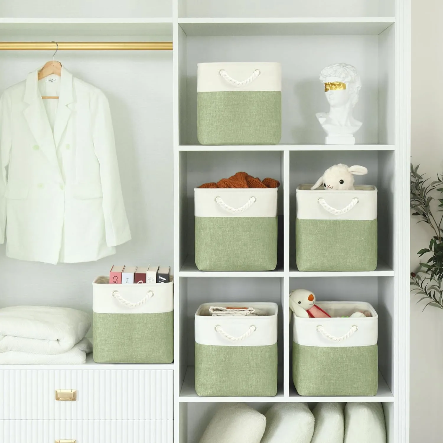 11x11 Cube Storage Bins, 6 Pack Foldable Fabric Organizer Bins with Rope Handles, Storage Cubes for Organizing Bedroom, Living Room, Clothes and Toys, Shelves and Closet (White & Green)