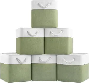 11x11 Cube Storage Bins, 6 Pack Foldable Fabric Organizer Bins with Rope Handles, Storage Cubes for Organizing Bedroom, Living Room, Clothes and Toys, Shelves and Closet (White & Green)