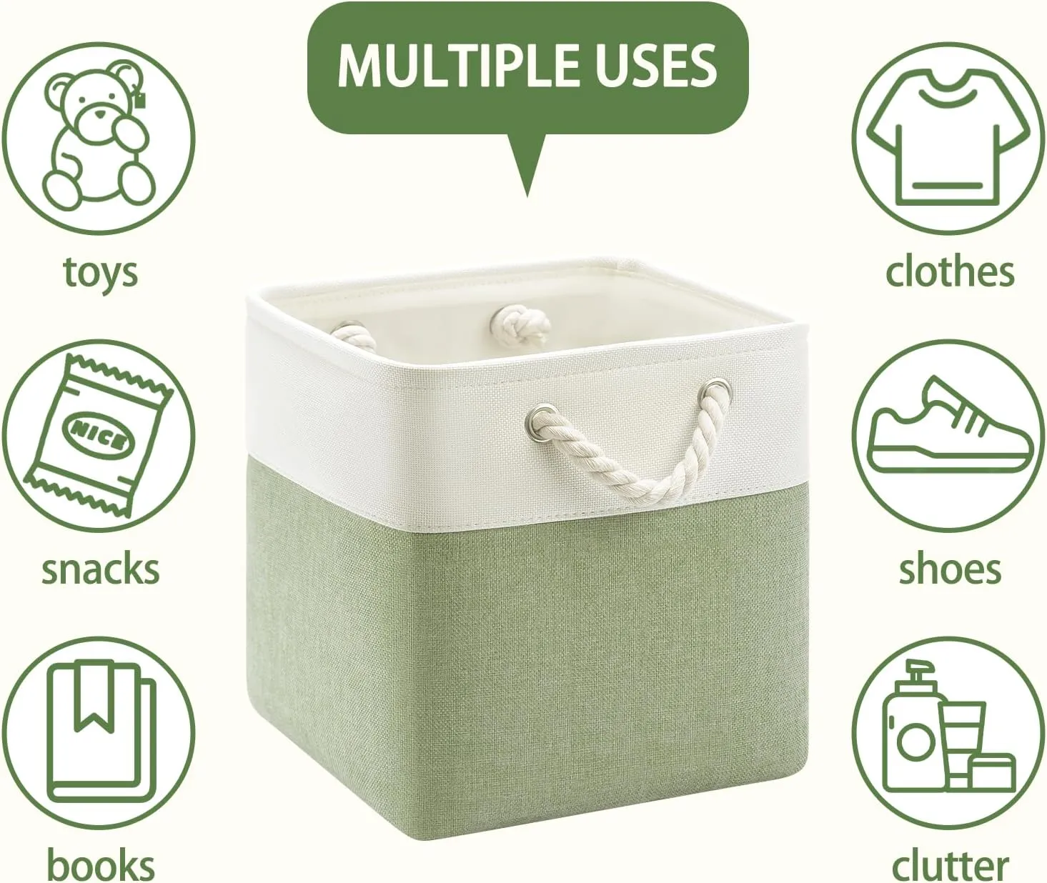 11x11 Cube Storage Bins, 6 Pack Foldable Fabric Organizer Bins with Rope Handles, Storage Cubes for Organizing Bedroom, Living Room, Clothes and Toys, Shelves and Closet (White & Green)