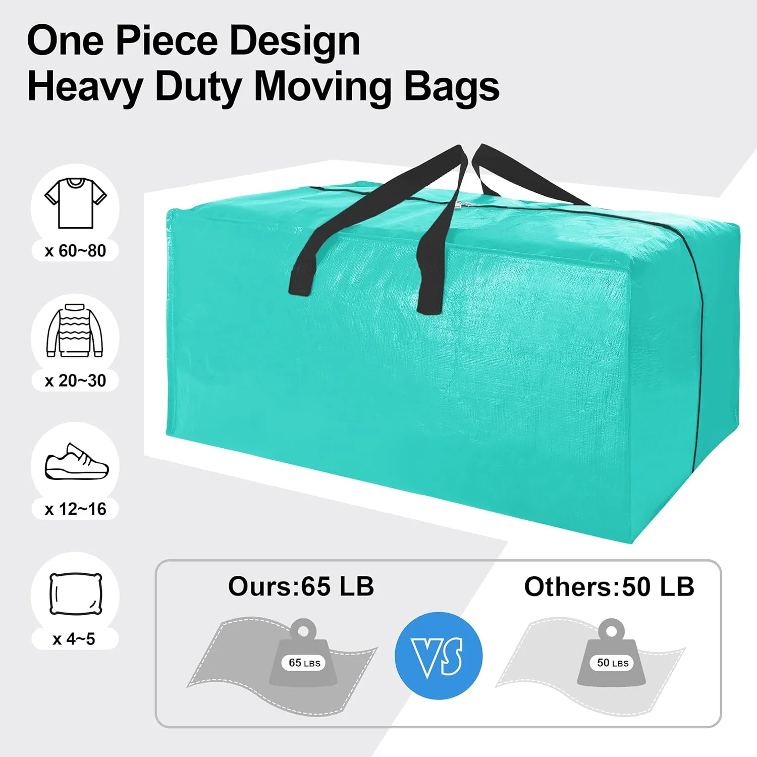 12 Pack Heavy Duty Large Moving Bags W/Backpack Straps - Strong Handles & Zippers, Storage Totes For Space Saving, Fold Flat, Alternative to Moving Box and Storage Bin, Aquamarine