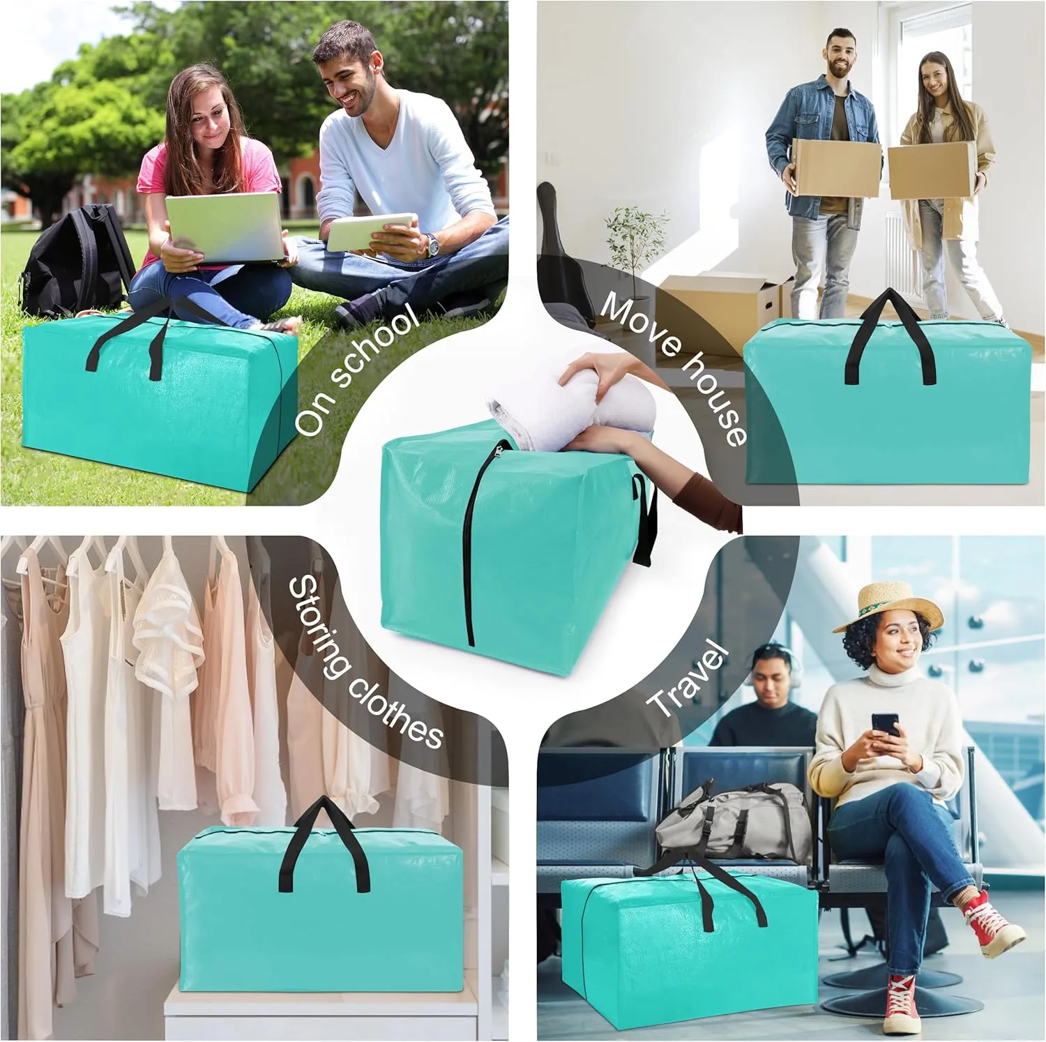 12 Pack Heavy Duty Large Moving Bags W/Backpack Straps - Strong Handles & Zippers, Storage Totes For Space Saving, Fold Flat, Alternative to Moving Box and Storage Bin, Aquamarine
