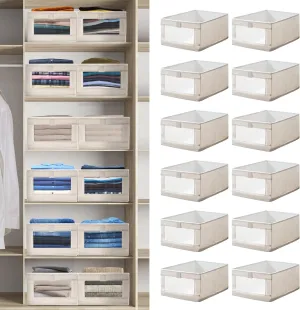 12 Pack Linen Closet Organizers and Storage, Closet Storage Bins Linen Closet Baskets for Closet Organization Foldable Closet Organizer Bins with Clear Window for Organizing Clothing, Beige