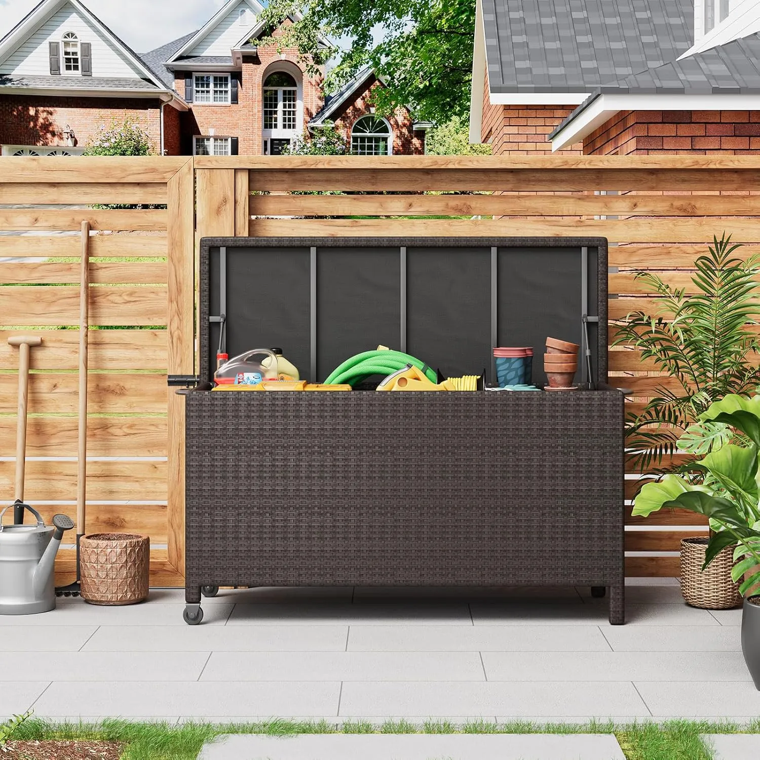 125 Gallon Outdoor Storage Box, Waterproof PE Rattan Deck Box with Curved Handle and Universal Wheels, Large Storage Bin for Patio Cushions Pool Supplies Garden Tools