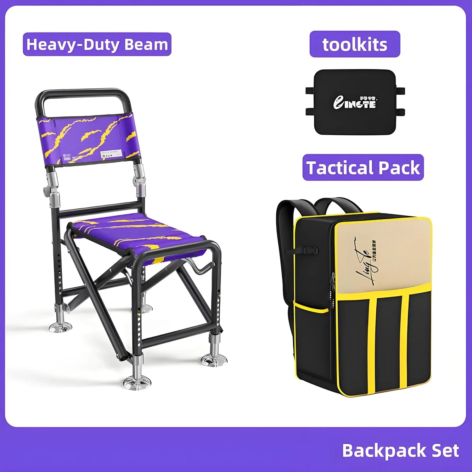 16-Position Recliner Fishing Chair w/Rod Holder - Foldable Ice/Camping Chair, 5-Way Backrest & 7.05lb Carbon Steel Frame, 900D Oxford Fabric w/Tool Kit & Backpack for Lawn/Patio (Backpack Set)