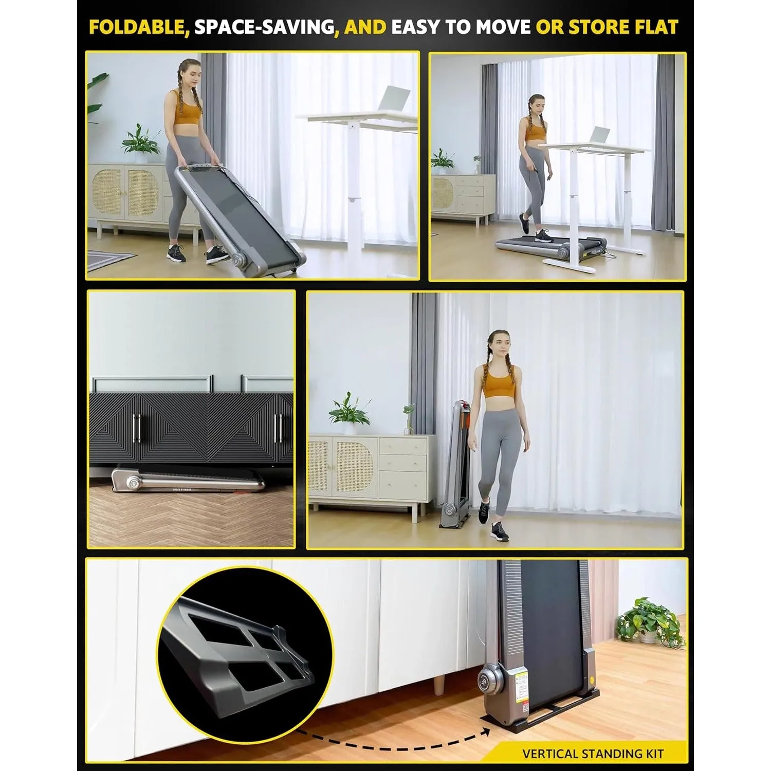 2-in-1 Foldable Jogging Incline Treadmill for Home & Office - Under Desk Walking Pad with Handrail, Powerful Motor 2HP Peak, Speed to 8 km/h, 3 Adjustable Levels, Holds up to 218lbs/99kg