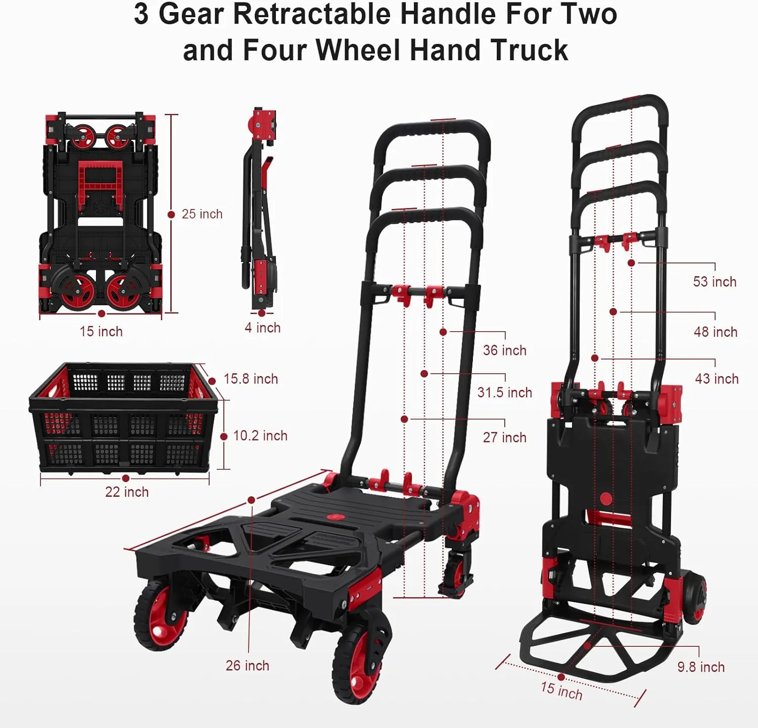 2 in 1 Hand Truck Dolly with Folding Basket,Folding Hand Truck Heavy Duty 330lbs Capacity,Foldable Hand Trcuk with Retractable Handle and Rubber Wheels,Portable Dolly with Bungee Cords for Moving