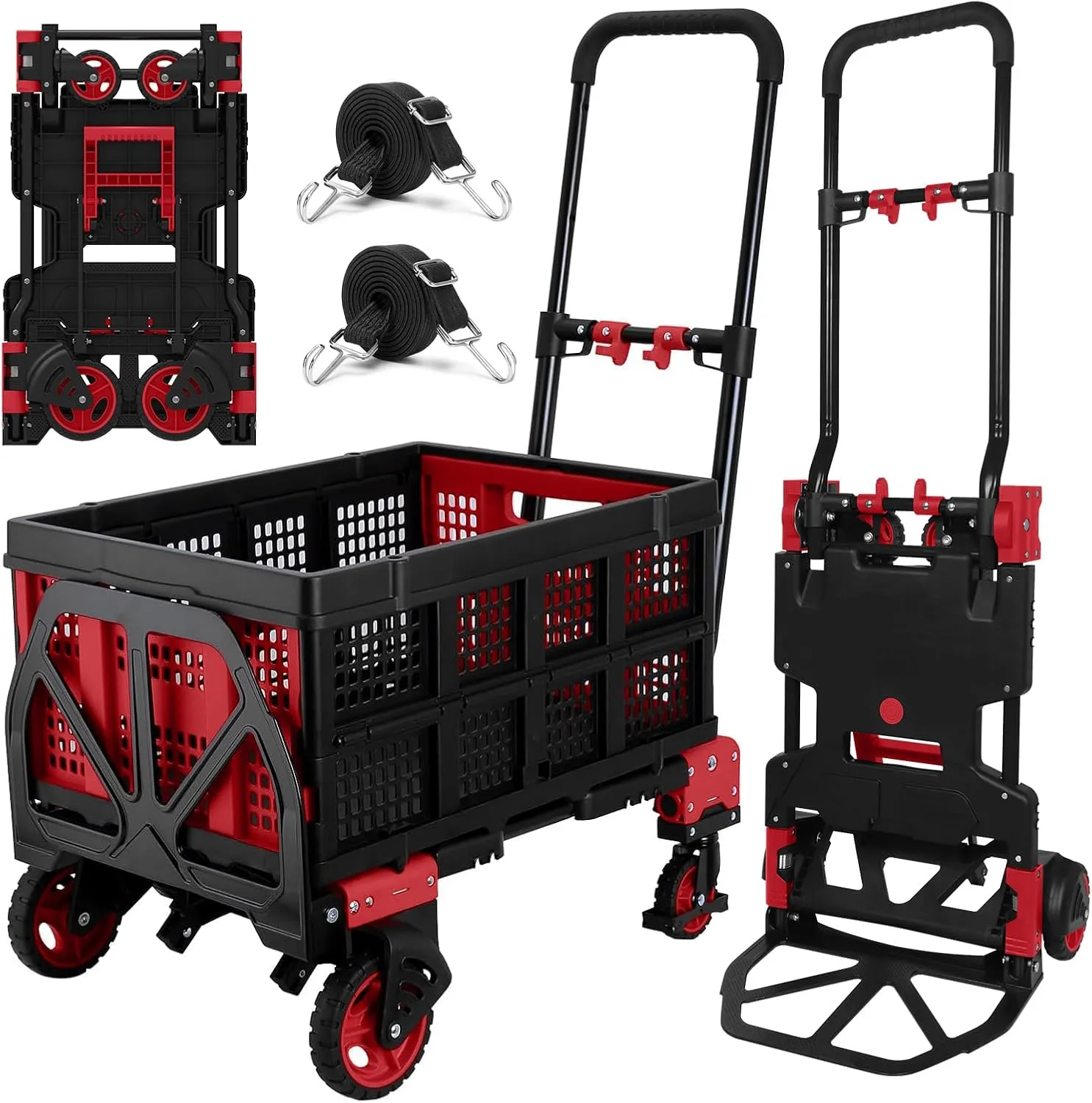 2 in 1 Hand Truck Dolly with Folding Basket,Folding Hand Truck Heavy Duty 330lbs Capacity,Foldable Hand Trcuk with Retractable Handle and Rubber Wheels,Portable Dolly with Bungee Cords for Moving