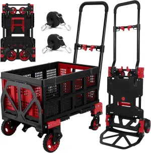 2 in 1 Hand Truck Dolly with Folding Basket,Folding Hand Truck Heavy Duty 330lbs Capacity,Foldable Hand Trcuk with Retractable Handle and Rubber Wheels,Portable Dolly with Bungee Cords for Moving