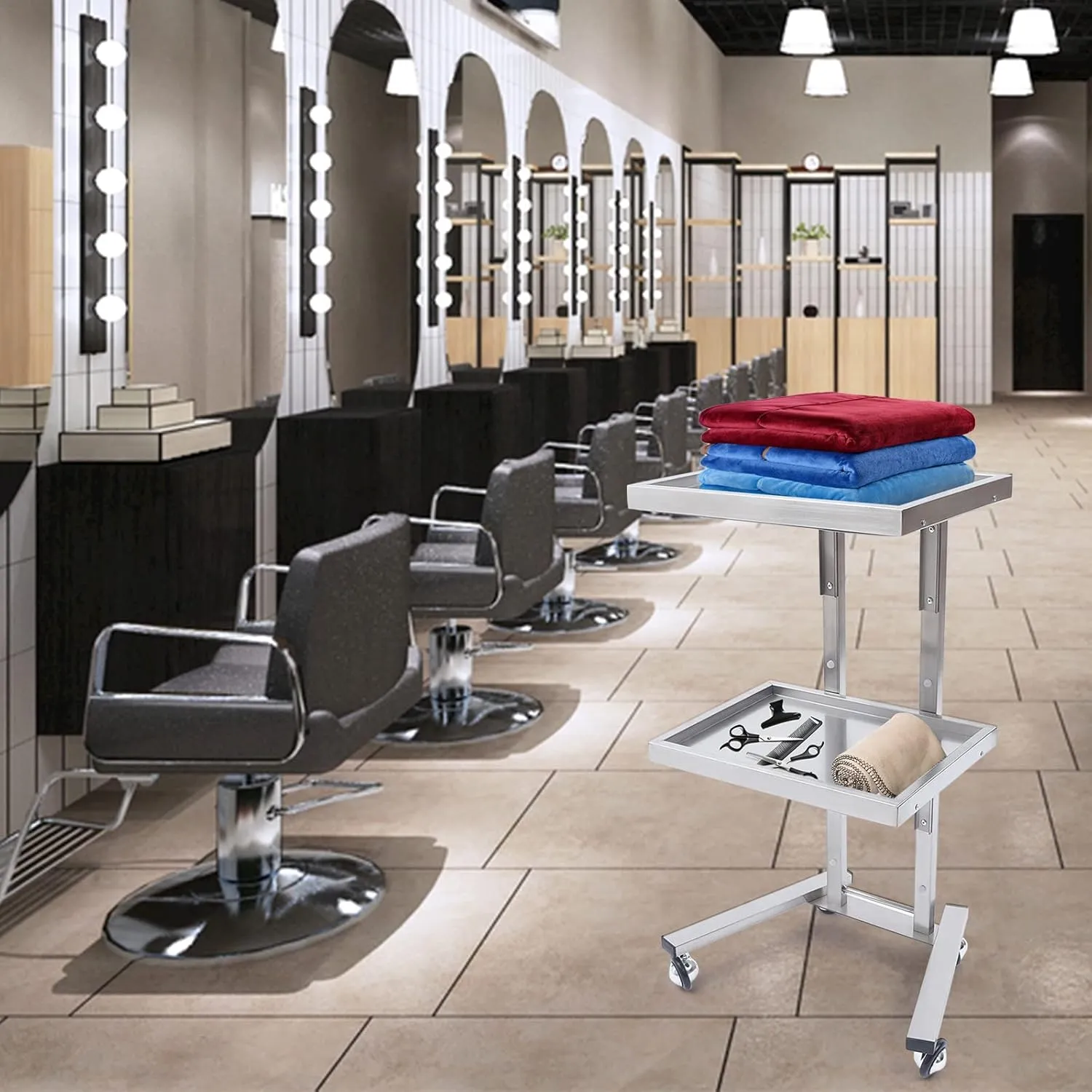 2 Tier Metal Rolling Cart,33.86 Inch Folding Tray Trolley,Stainless Steel Salon Storage Stand with Wheels,1.18 Inch Tray Height,for Salon Studios Shop (Silver)