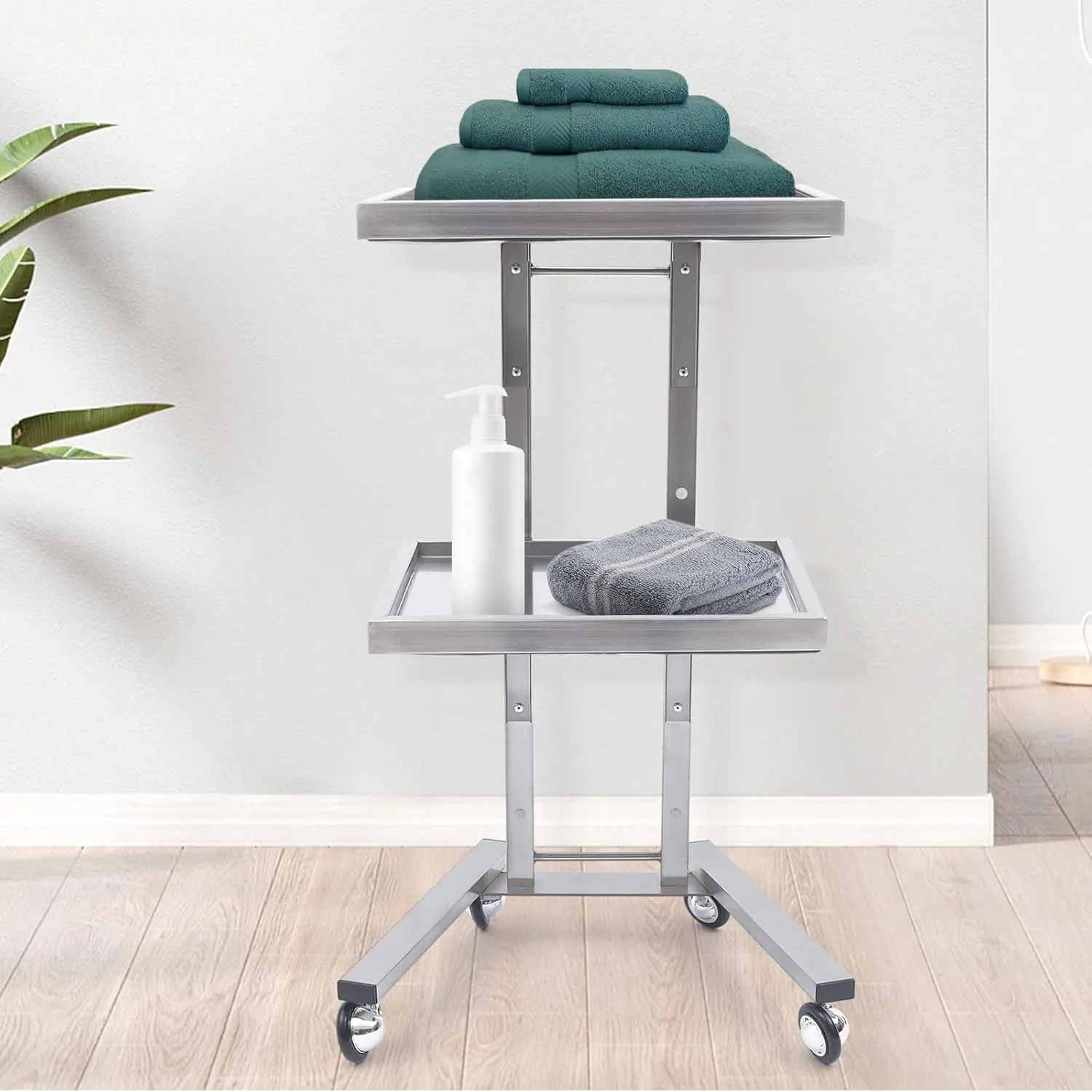 2 Tier Metal Rolling Cart,33.86 Inch Folding Tray Trolley,Stainless Steel Salon Storage Stand with Wheels,1.18 Inch Tray Height,for Salon Studios Shop (Silver)