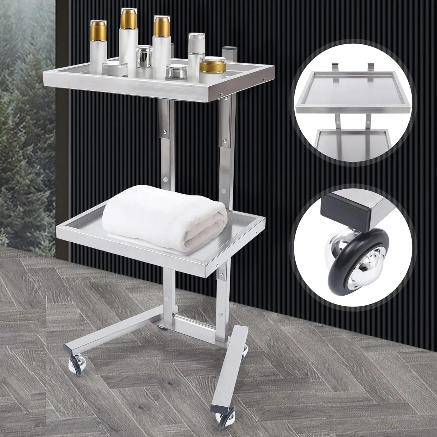 2 Tier Metal Rolling Cart,33.86 Inch Folding Tray Trolley,Stainless Steel Salon Storage Stand with Wheels,1.18 Inch Tray Height,for Salon Studios Shop (Silver)