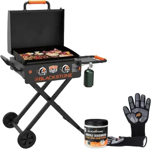 22 Inch Blackstone Griddle With Hood and Stand - Foldable Outdoor Flat Top Propane Portable Gas Grill With Seasoning and Gloves