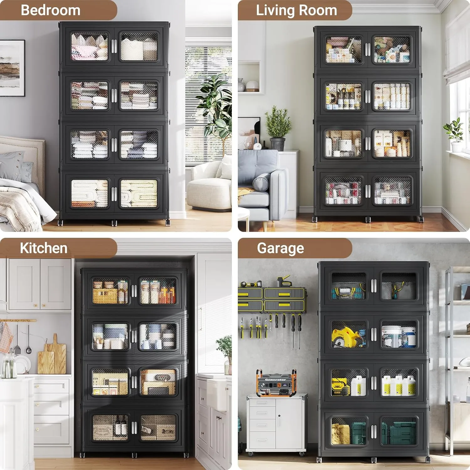 220Gal Extra Large Storage Bins with Lids, 880Qt Plastic Stackable Storage Bins with Wheels, Collapsible Closet Organizer and Storage Drawers,Storage Cabinets for Home, Office, 4 Pack, Black