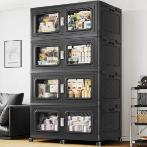 220Gal Extra Large Storage Bins with Lids, 880Qt Plastic Stackable Storage Bins with Wheels, Collapsible Closet Organizer and Storage Drawers,Storage Cabinets for Home, Office, 4 Pack, Black
