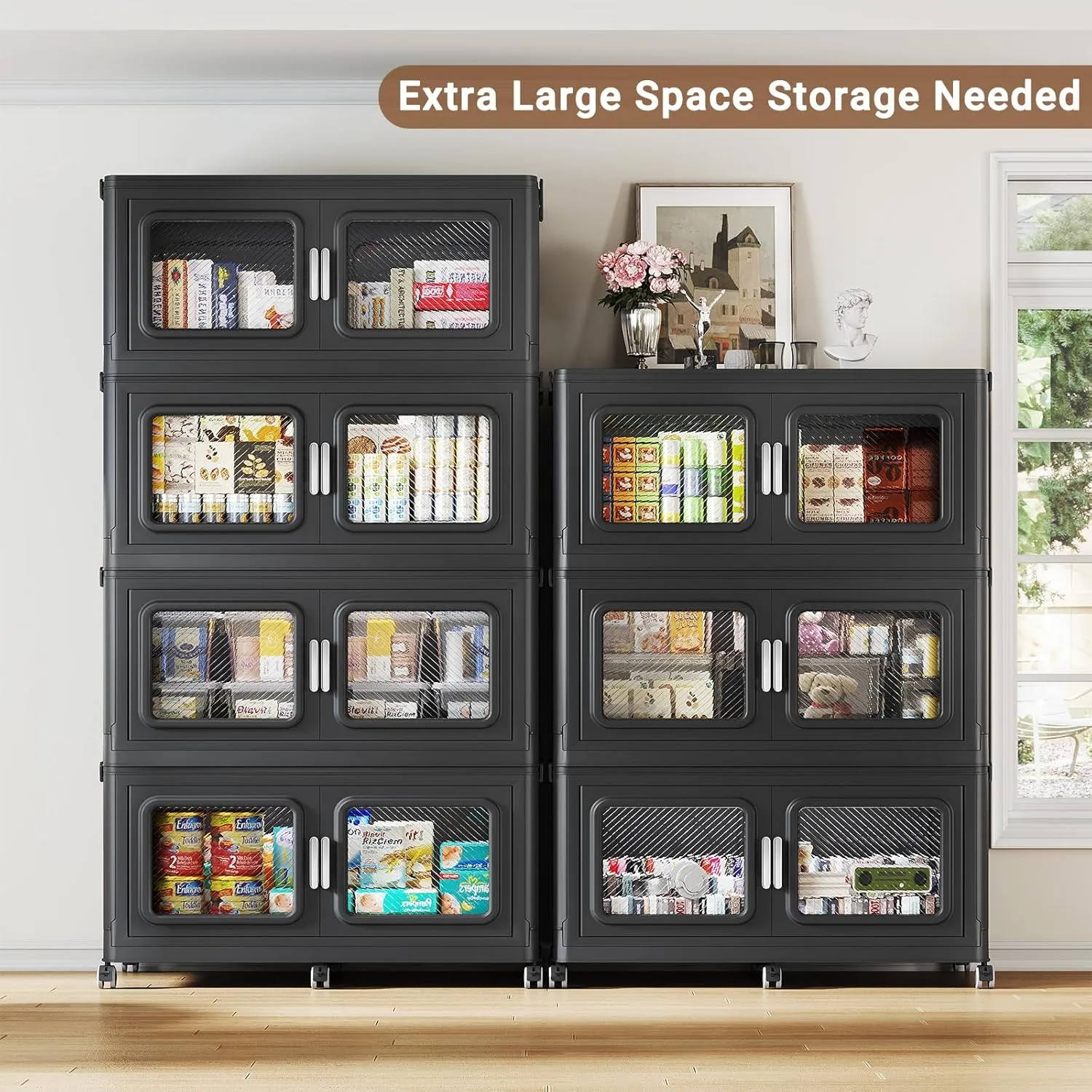 220Gal Extra Large Storage Bins with Lids, 880Qt Plastic Stackable Storage Bins with Wheels, Collapsible Closet Organizer and Storage Drawers,Storage Cabinets for Home, Office, 4 Pack, Black