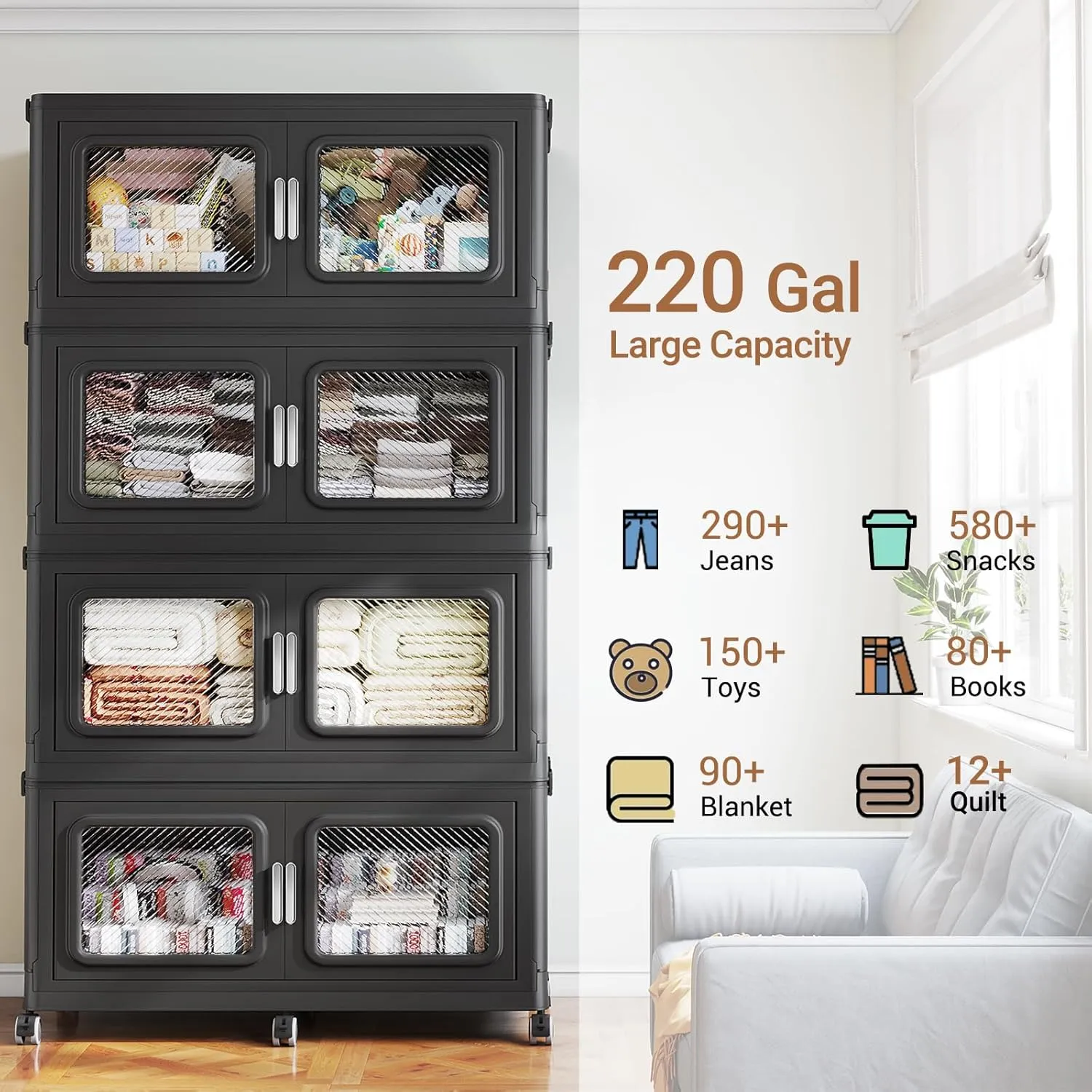 220Gal Extra Large Storage Bins with Lids, 880Qt Plastic Stackable Storage Bins with Wheels, Collapsible Closet Organizer and Storage Drawers,Storage Cabinets for Home, Office, 4 Pack, Black