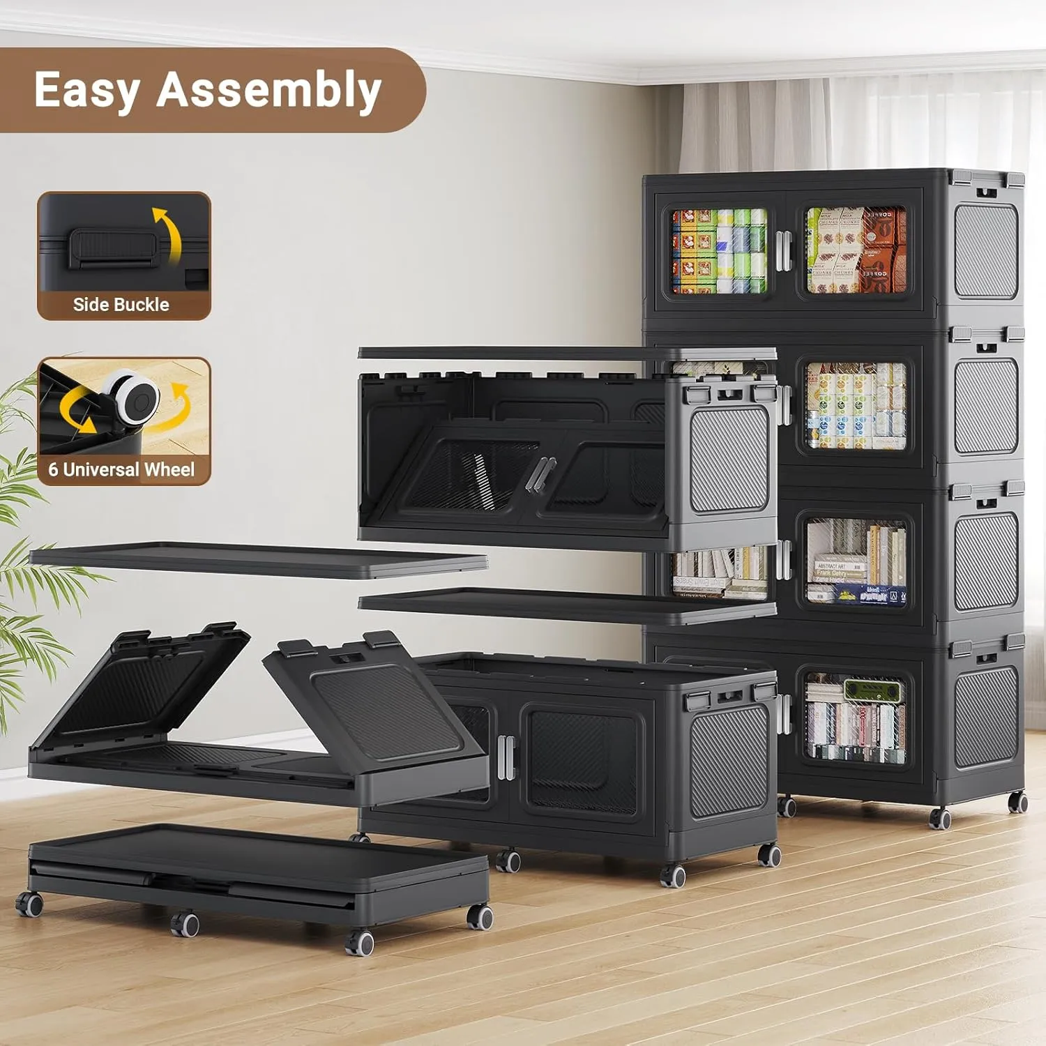 220Gal Extra Large Storage Bins with Lids, 880Qt Plastic Stackable Storage Bins with Wheels, Collapsible Closet Organizer and Storage Drawers,Storage Cabinets for Home, Office, 4 Pack, Black