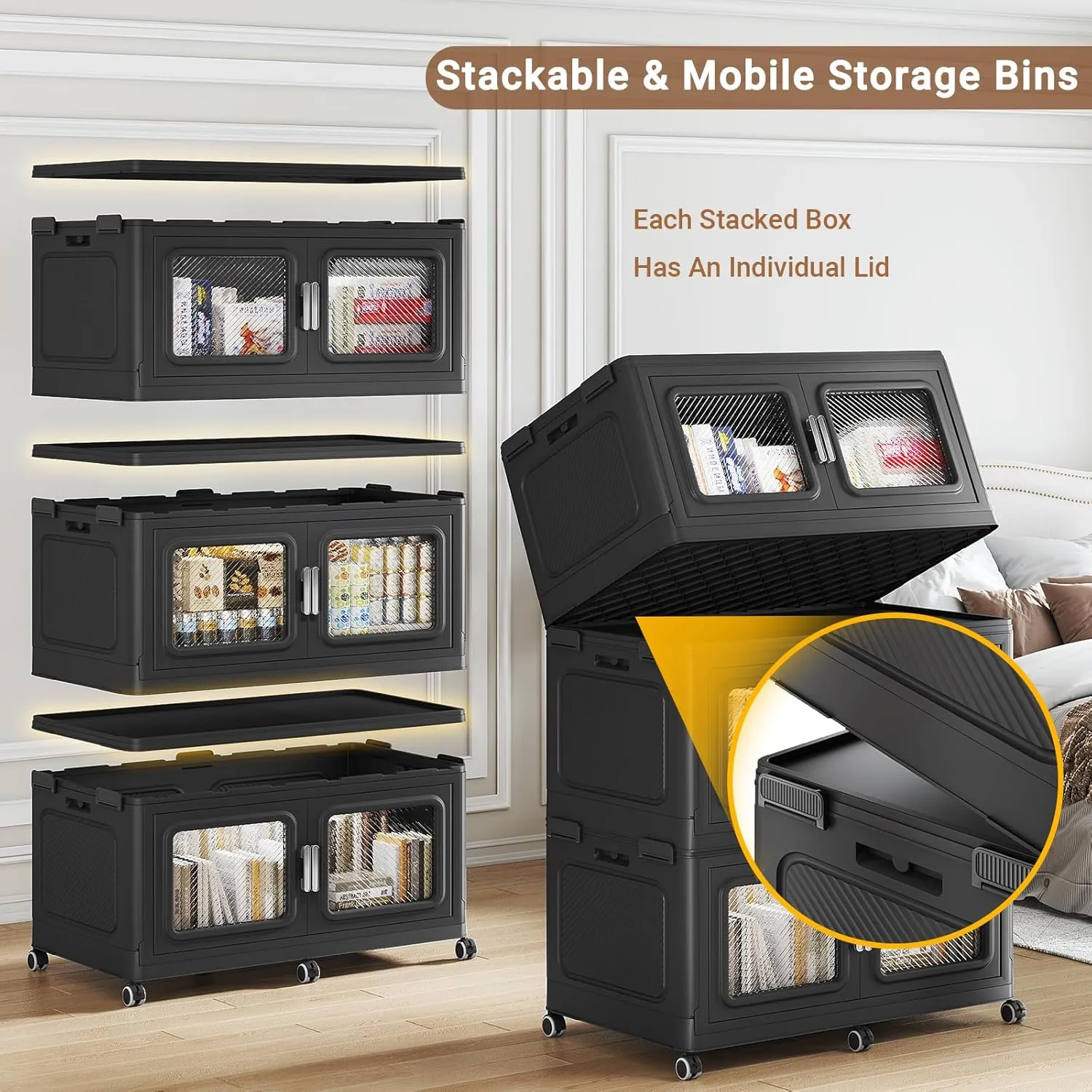 220Gal Extra Large Storage Bins with Lids, 880Qt Plastic Stackable Storage Bins with Wheels, Collapsible Closet Organizer and Storage Drawers,Storage Cabinets for Home, Office, 4 Pack, Black