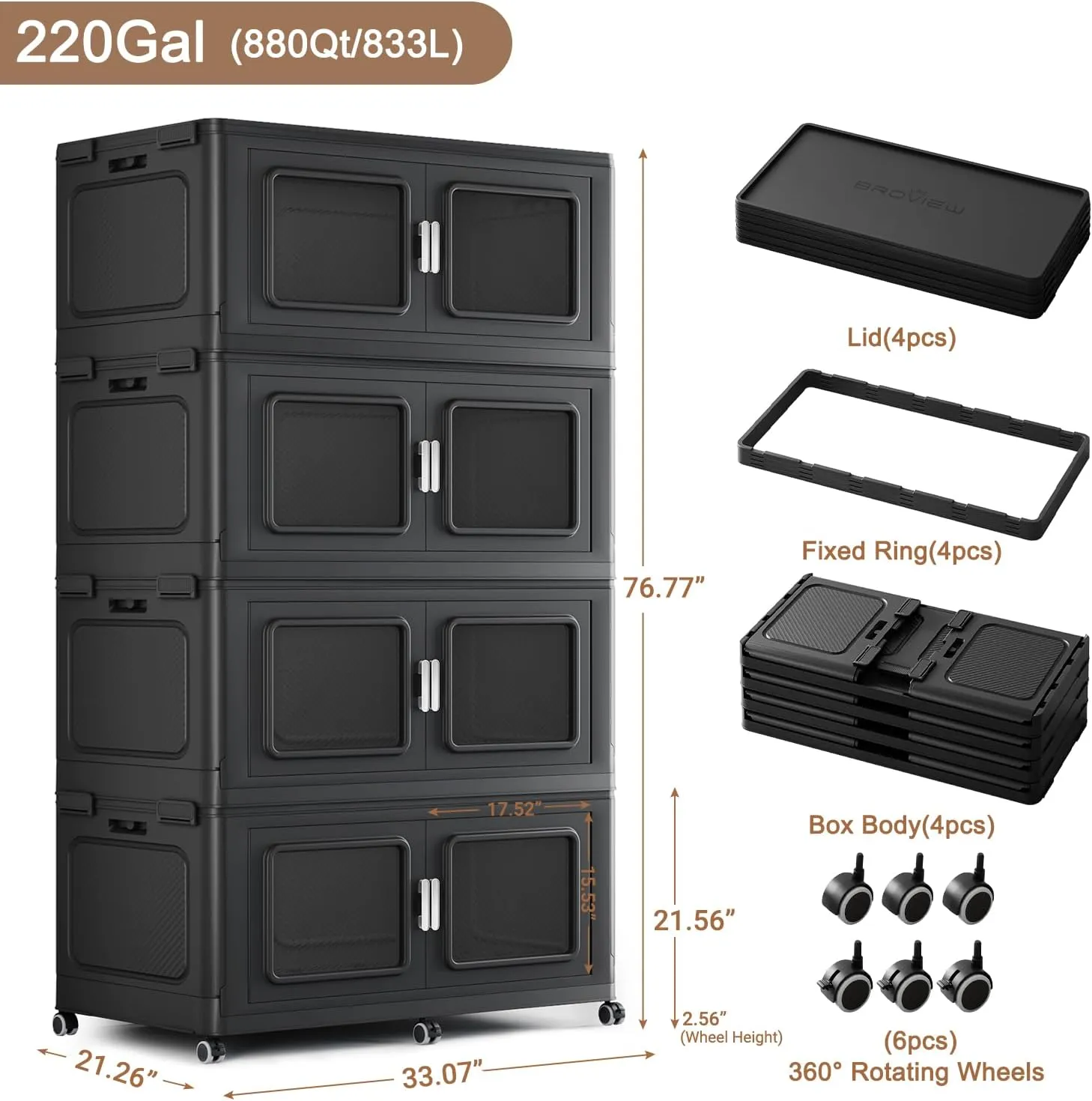 220Gal Extra Large Storage Bins with Lids, 880Qt Plastic Stackable Storage Bins with Wheels, Collapsible Closet Organizer and Storage Drawers,Storage Cabinets for Home, Office, 4 Pack, Black