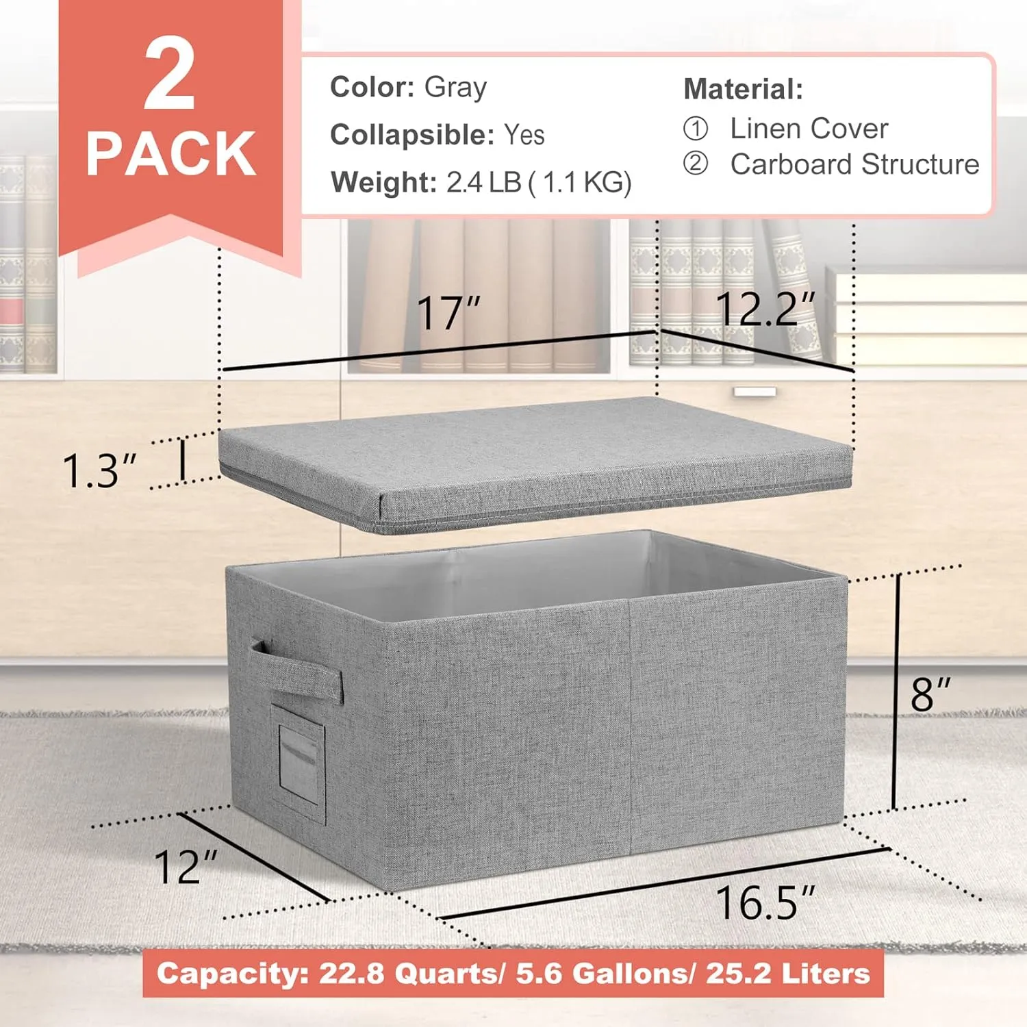22.8qt Closet Storage Boxes with Lids Gray Folding Keepsake Storage Bins Stackable Flat Lidded Carboard Storage Contaner for Clothes Barbie Shoes, 2 Pack