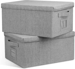 22.8qt Closet Storage Boxes with Lids Gray Folding Keepsake Storage Bins Stackable Flat Lidded Carboard Storage Contaner for Clothes Barbie Shoes, 2 Pack