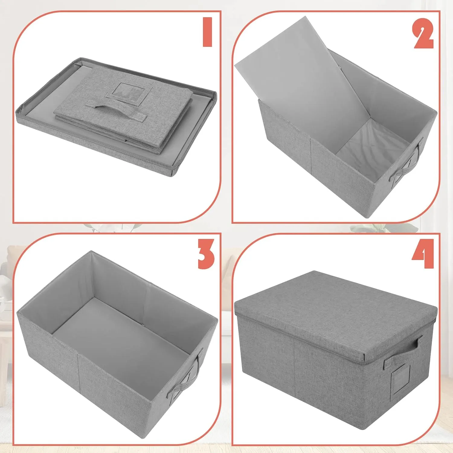 22.8qt Closet Storage Boxes with Lids Gray Folding Keepsake Storage Bins Stackable Flat Lidded Carboard Storage Contaner for Clothes Barbie Shoes, 2 Pack