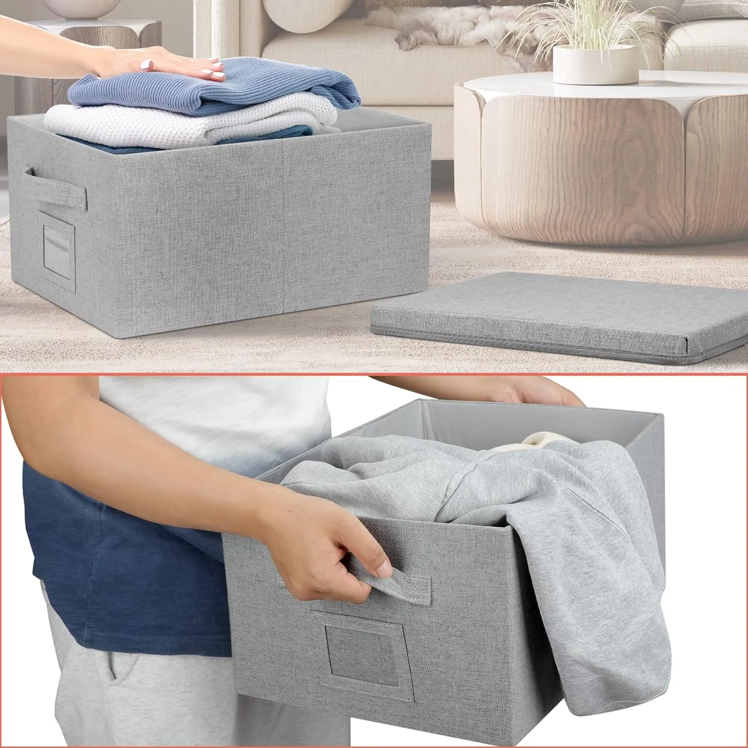 22.8qt Closet Storage Boxes with Lids Gray Folding Keepsake Storage Bins Stackable Flat Lidded Carboard Storage Contaner for Clothes Barbie Shoes, 2 Pack