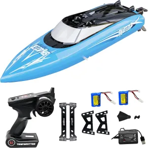 2.4GHz high-Speed RC Boat, 15 MPH, Remote Control Speedboat with Automatic Centering Function, LED, Waterproof, RTR, Ship Models Suitable for Lakes, Rivers, and Swimming Pools (UDI034-Blue)
