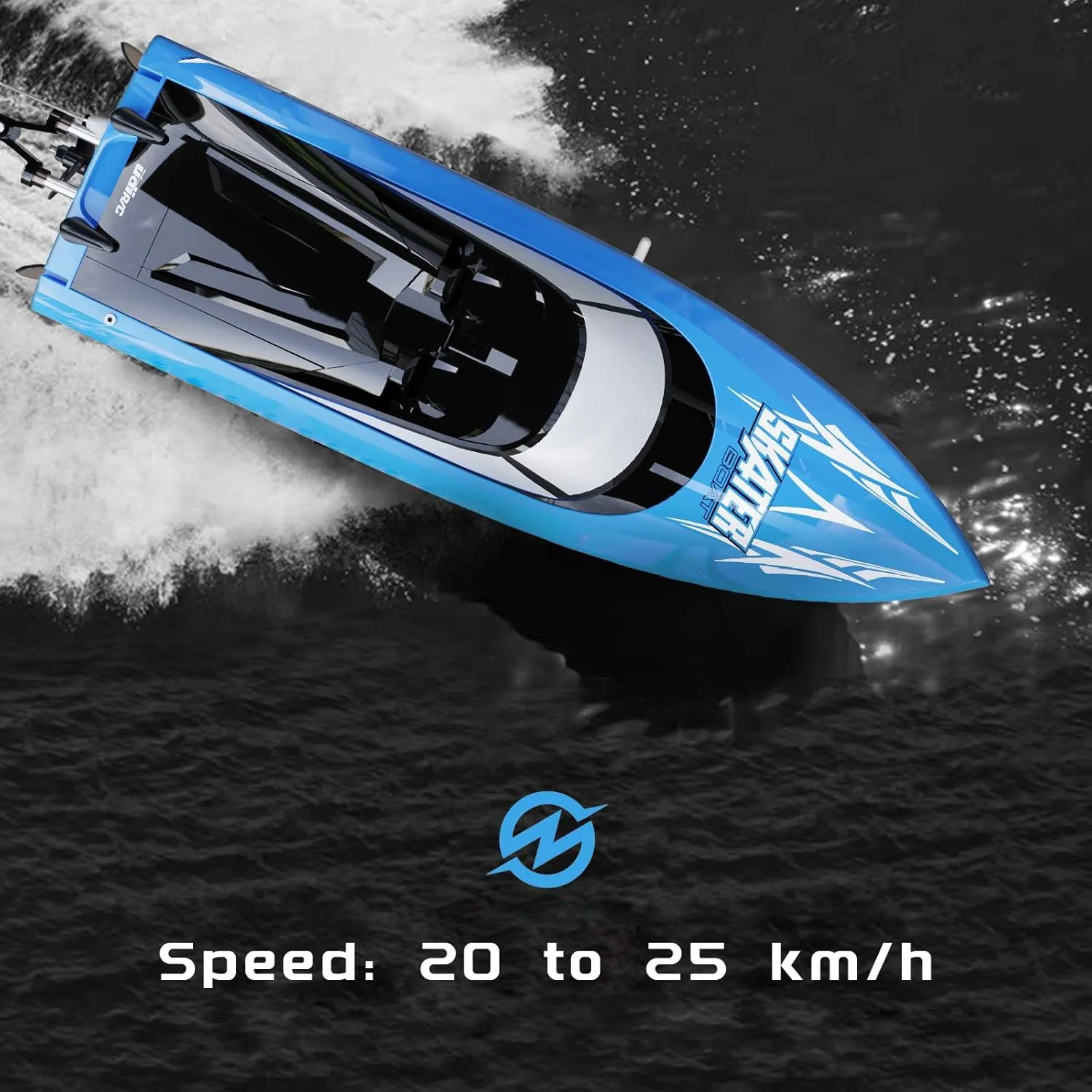 2.4GHz high-Speed RC Boat, 15 MPH, Remote Control Speedboat with Automatic Centering Function, LED, Waterproof, RTR, Ship Models Suitable for Lakes, Rivers, and Swimming Pools (UDI034-Blue)
