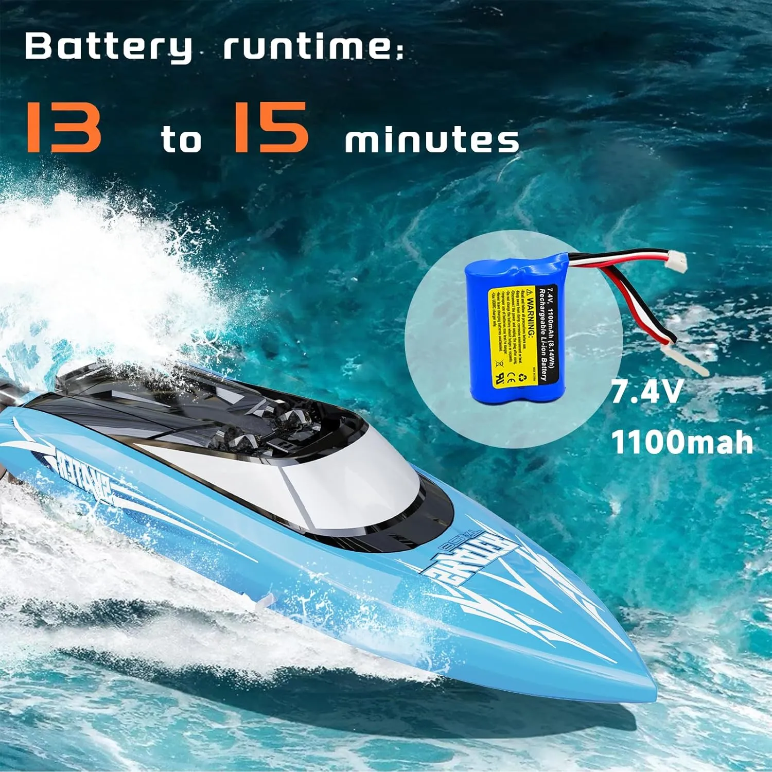 2.4GHz high-Speed RC Boat, 15 MPH, Remote Control Speedboat with Automatic Centering Function, LED, Waterproof, RTR, Ship Models Suitable for Lakes, Rivers, and Swimming Pools (UDI034-Blue)