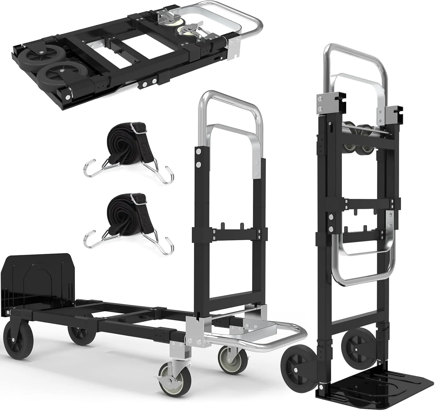 3 in 1 Heavy Duty Folding Hand Truck, Convertible Portable Steel Dolly with Telescopic Handle, Foldable Utility Cart with Rubber Wheels, 500 LBS