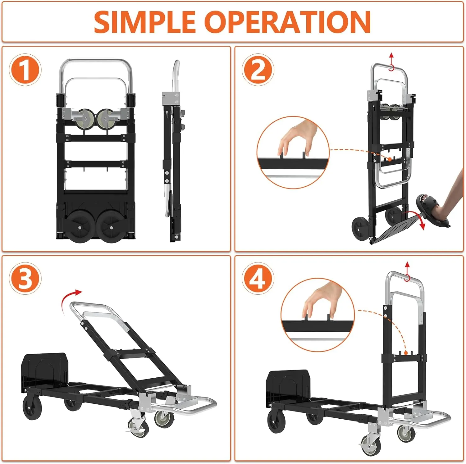 3 in 1 Heavy Duty Folding Hand Truck, Convertible Portable Steel Dolly with Telescopic Handle, Foldable Utility Cart with Rubber Wheels, 500 LBS