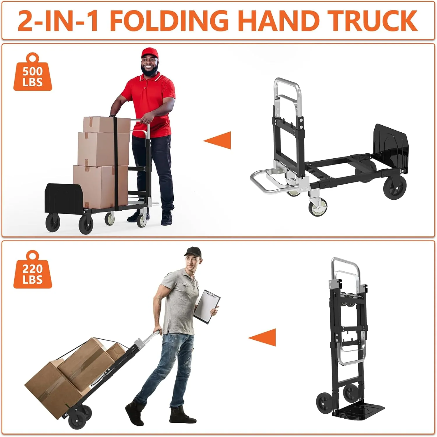 3 in 1 Heavy Duty Folding Hand Truck, Convertible Portable Steel Dolly with Telescopic Handle, Foldable Utility Cart with Rubber Wheels, 500 LBS