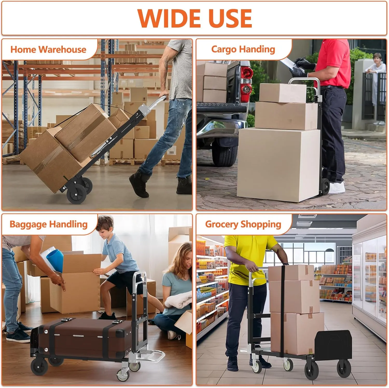3 in 1 Heavy Duty Folding Hand Truck, Convertible Portable Steel Dolly with Telescopic Handle, Foldable Utility Cart with Rubber Wheels, 500 LBS