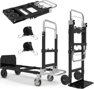 3 in 1 Heavy Duty Folding Hand Truck, Convertible Portable Steel Dolly with Telescopic Handle, Foldable Utility Cart with Rubber Wheels, 500 LBS