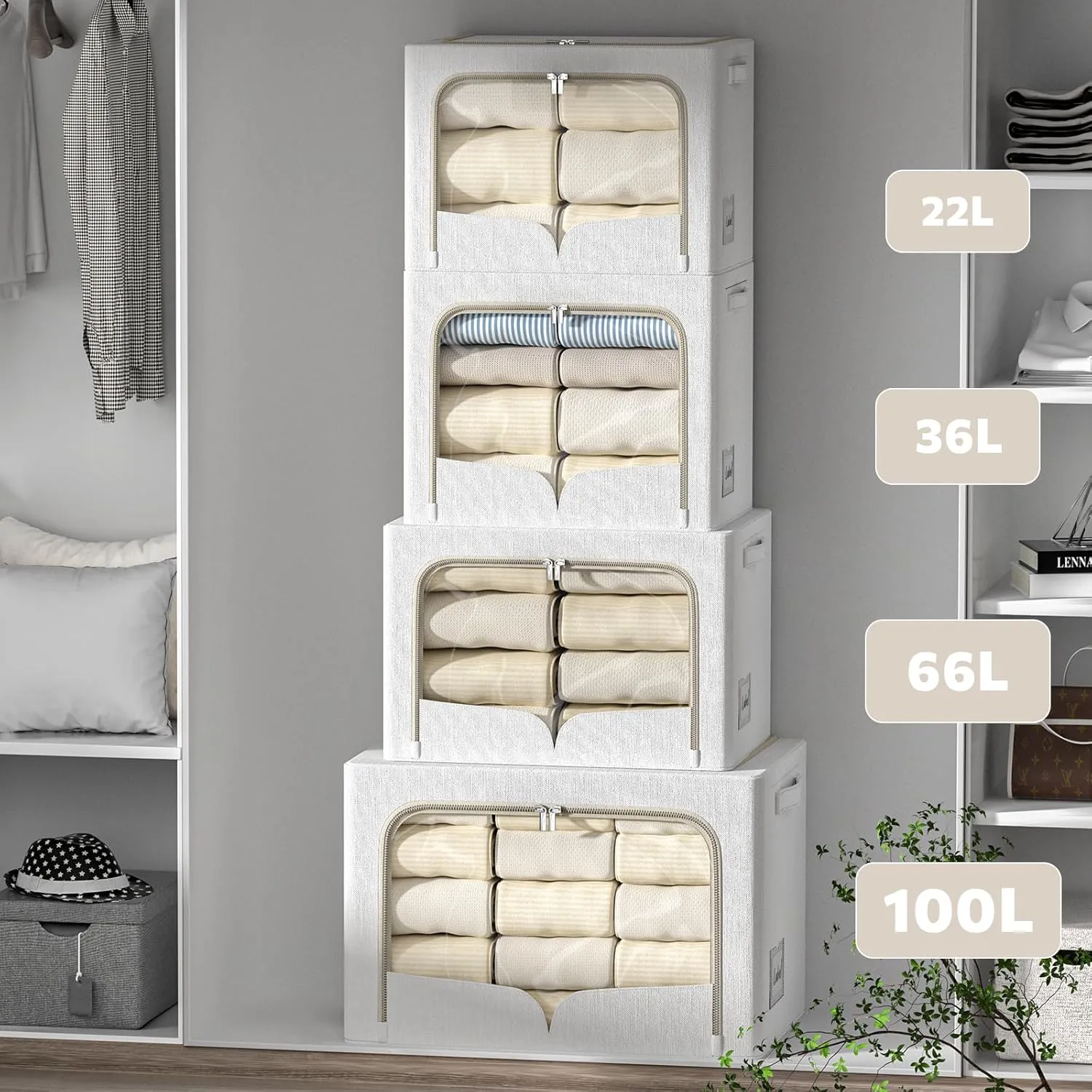 3 Pack Clothes Storage Bins Foldable Metal Frame Storage Box Stackable Linen Fabric Container Organizer Set with Carrying Handles and Clear Window (Cream White, 23.6x16.5x15.7inch(100L))