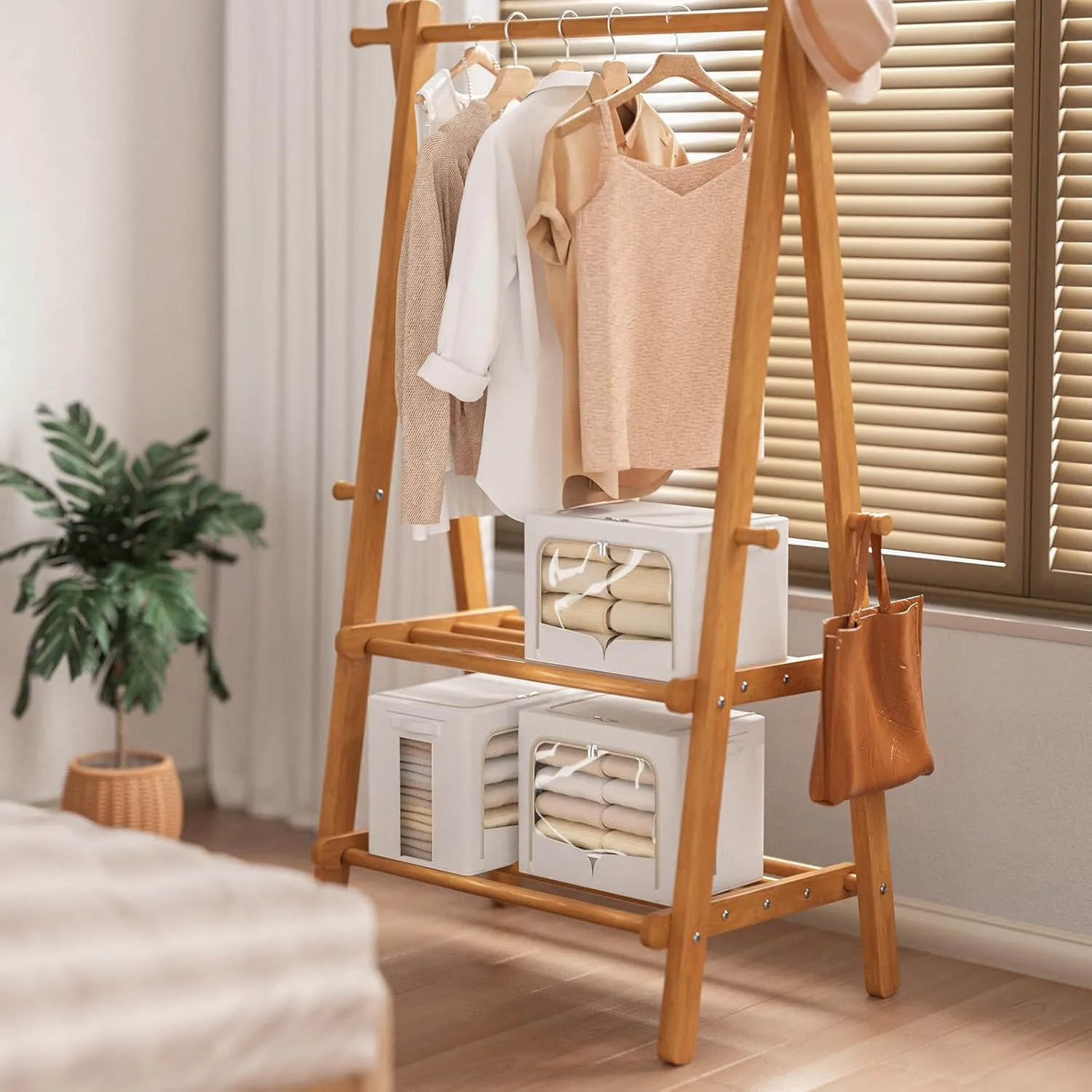 3 Pack Clothes Storage Bins Foldable Metal Frame Storage Box Stackable Linen Fabric Container Organizer Set with Carrying Handles and Clear Window (Cream White, 23.6x16.5x15.7inch(100L))