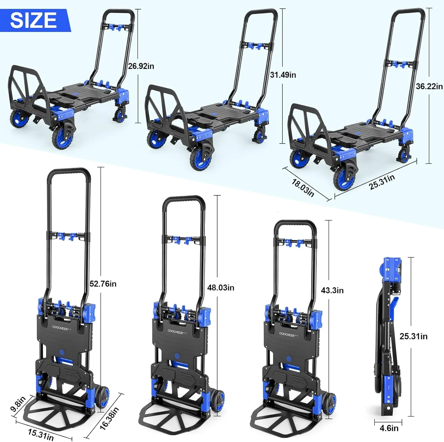 330LB Folding Hand Truck Heavy Duty Carrying, Combination of Four Wheels and Two Wheels Convertible Dolly Cart with Retractable Handle Dolly for Moving Office Carts(Blue)