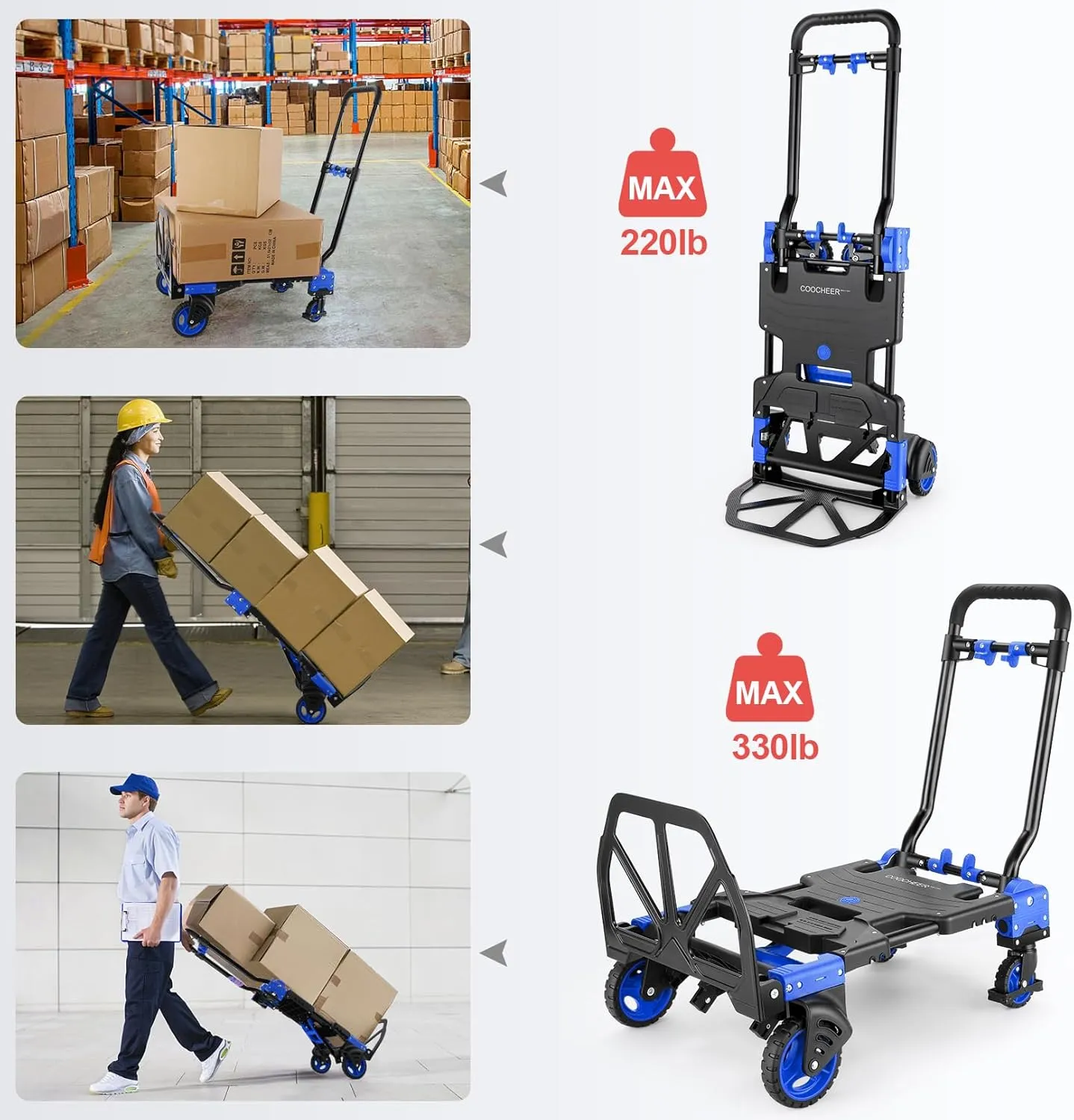 330LB Folding Hand Truck Heavy Duty Carrying, Combination of Four Wheels and Two Wheels Convertible Dolly Cart with Retractable Handle Dolly for Moving Office Carts(Blue)
