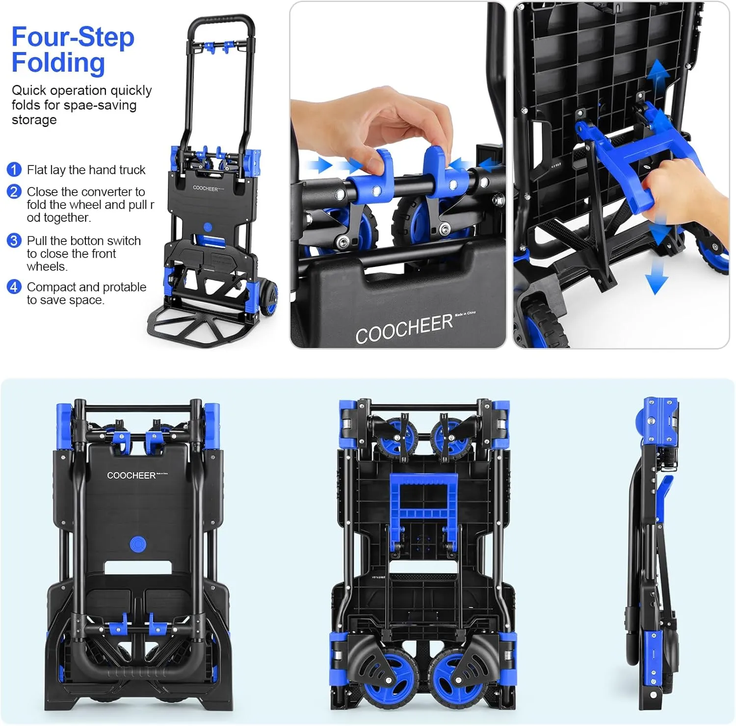330LB Folding Hand Truck Heavy Duty Carrying, Combination of Four Wheels and Two Wheels Convertible Dolly Cart with Retractable Handle Dolly for Moving Office Carts(Blue)