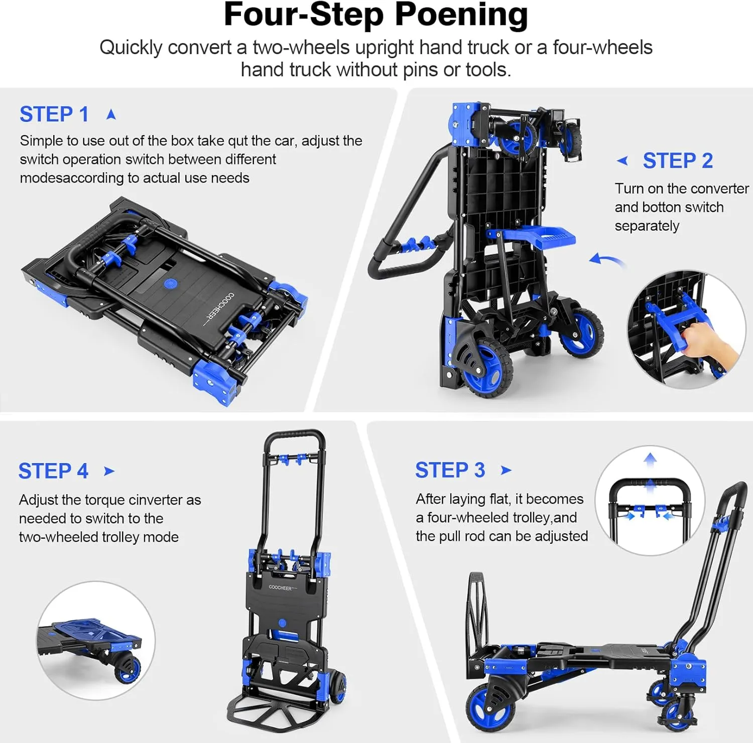 330LB Folding Hand Truck Heavy Duty Carrying, Combination of Four Wheels and Two Wheels Convertible Dolly Cart with Retractable Handle Dolly for Moving Office Carts(Blue)